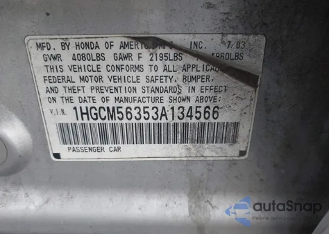 2003 Honda Accord 2.4 Lx from USA, damaged, VIN 1HGCM56353A134566